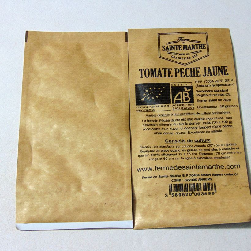 Exemple de spécimen de Tomate Pêche jaune Bio - Ferme de Sainte Marthe le sachet de 50 graines environ tel que livré
