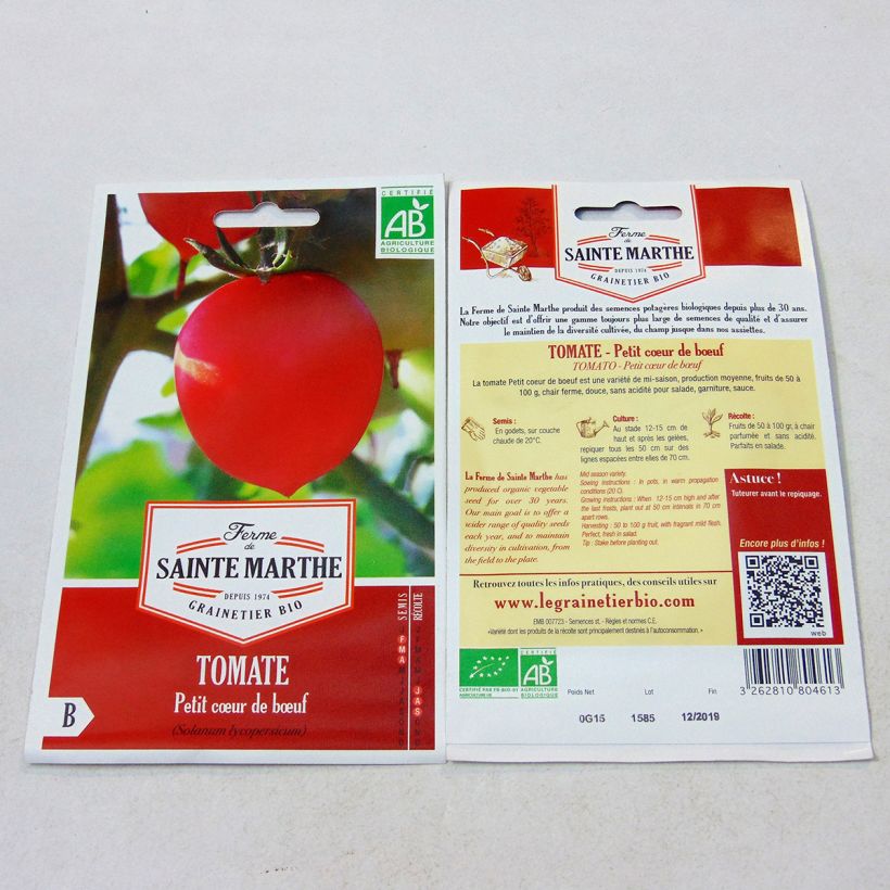 Exemple de spécimen de Tomate Petit Coeur de Boeuf Bio - Ferme de Sainte Marthe le sachet de 50 graines environ tel que livré