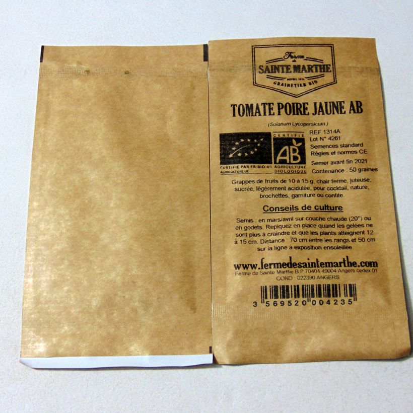 Exemple de spécimen de Tomate Poire jaune (Yellow Pearshaped) Bio - Ferme de Sainte Marthe le sachet de 50 graines environ tel que livré