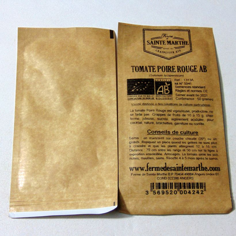 Exemple de spécimen de Tomate Poire rouge Bio - Ferme de Sainte Marthe le sachet de 50 graines environ tel que livré