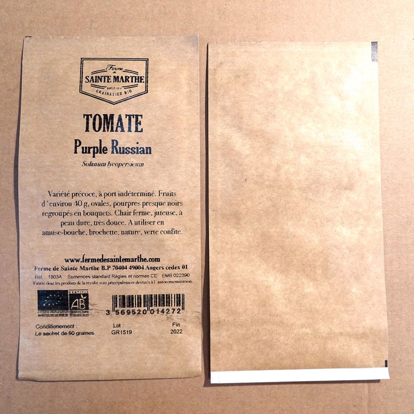 Exemple de spécimen de Tomate Purple Russian Bio - Ferme de Sainte Marthe le sachet de 50 graines environ tel que livré