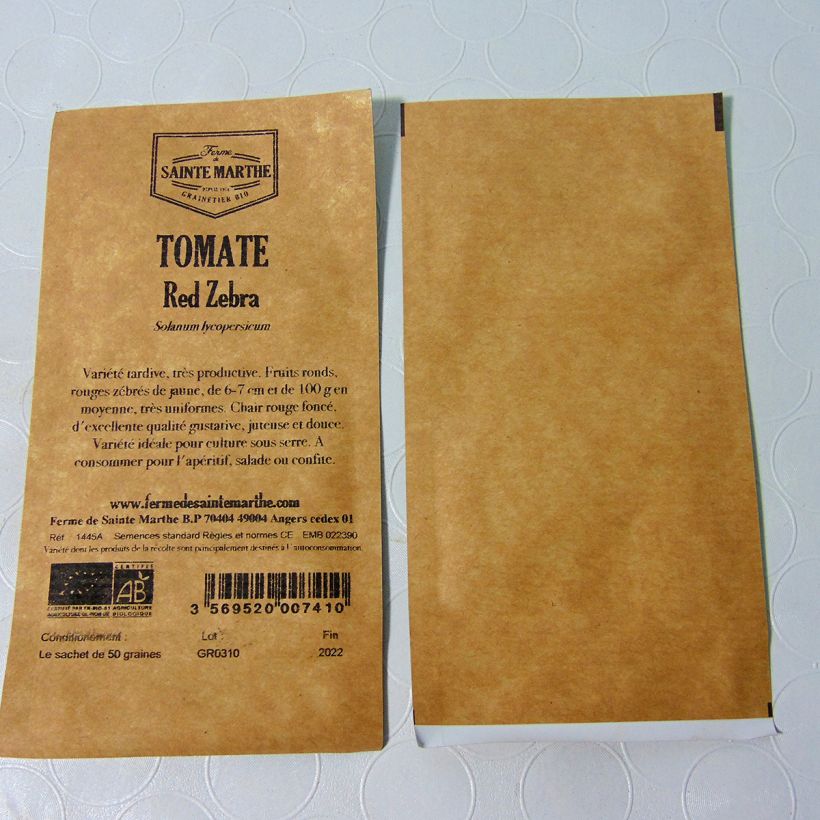 Exemple de spécimen de Tomate Red Zebra Bio - Ferme de Sainte Marthe le sachet de 50 graines environ tel que livré