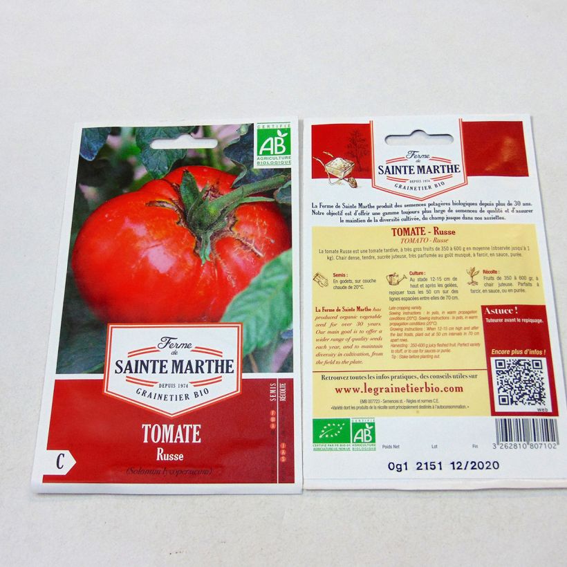 Exemple de spécimen de Tomate Russe rouge Bio - Ferme de Sainte Marthe le sachet de 30 graines environ tel que livré