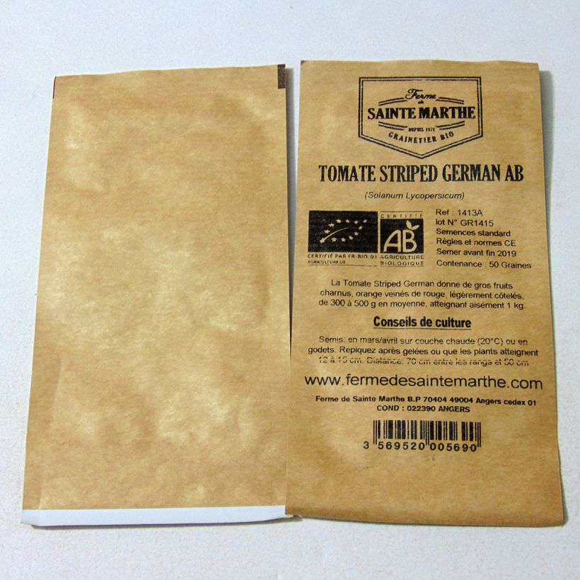 Exemple de spécimen de Tomate Striped German Bio - Ferme de Sainte Marthe le sachet de 50 graines environ tel que livré