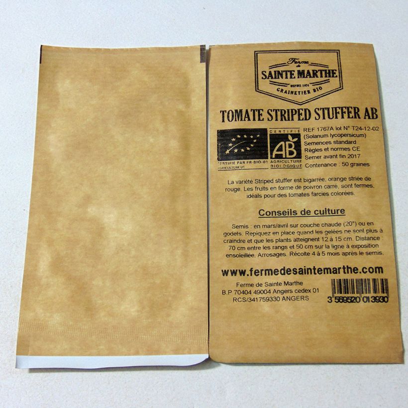 Exemple de spécimen de Tomate Striped Stuffer Bio - Ferme de Sainte Marthe le sachet de 50 graines environ tel que livré