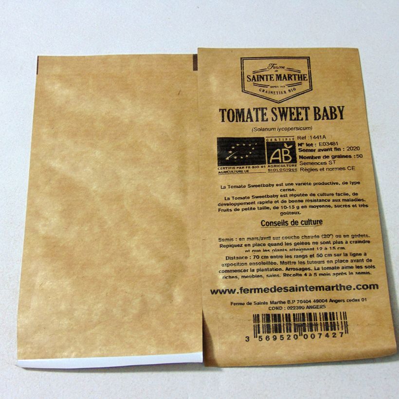 Exemple de spécimen de Tomate Sweetbaby Bio - Tomate cerise - Ferme de Sainte Marthe le sachet de 50 graines environ tel que livré