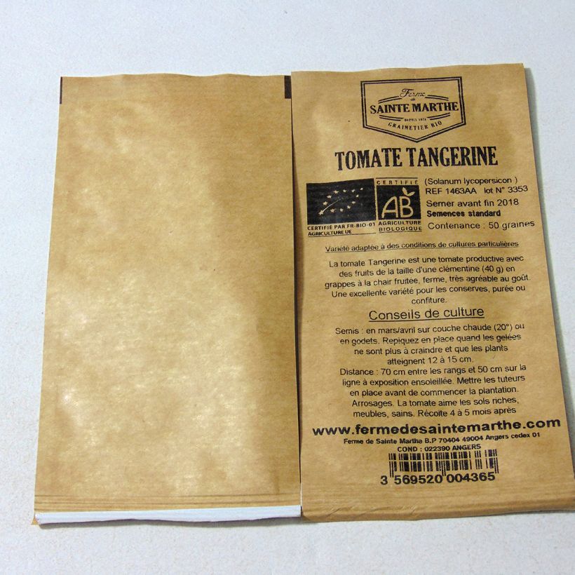 Exemple de spécimen de Tomate Tangerine Bio - Ferme de Sainte Marthe  le sachet de 50 graines environ tel que livré