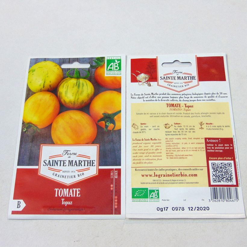 Exemple de spécimen de Tomate Topaz Bio - Ferme de Sainte Marthe le sachet de 50 graines environ tel que livré