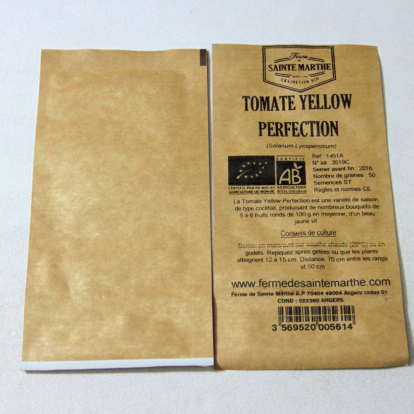 Exemple de spécimen de Tomate Yellow Perfection Bio - Ferme de Sainte Marthe le sachet de 50 graines environ tel que livré
