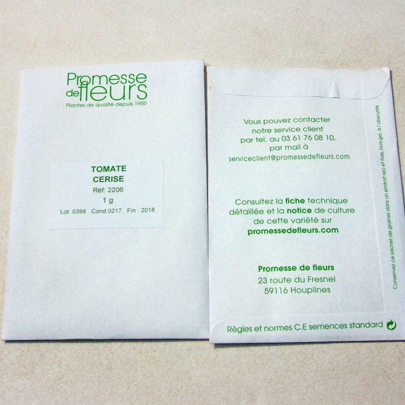 Exemple de spécimen de Tomate cerise le sachet de +/- 500 graines environ (minimum 1g) tel que livré