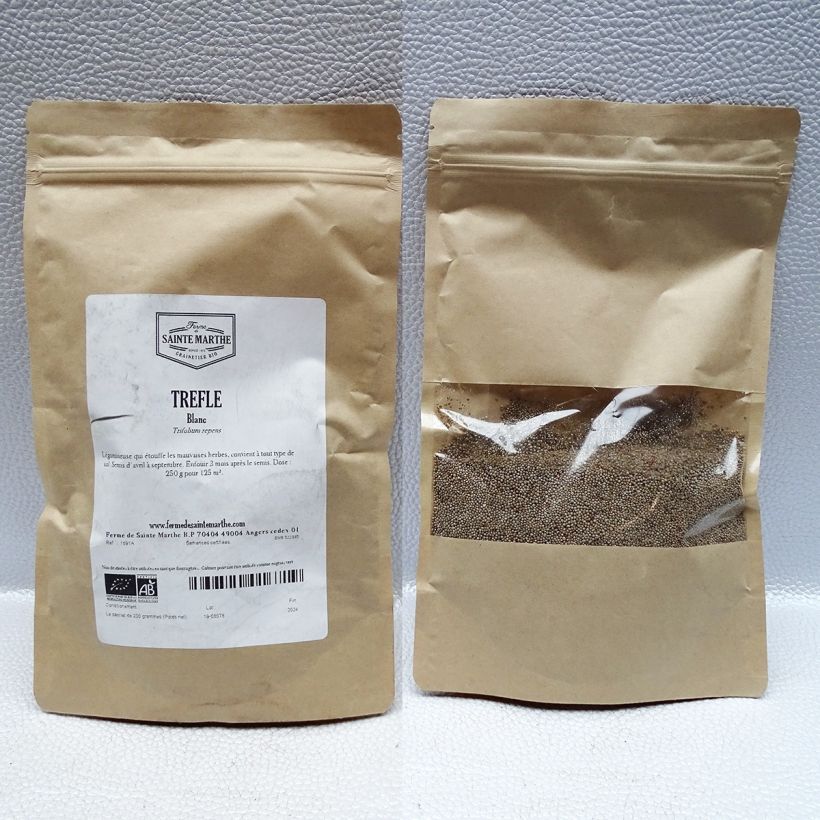 Exemple de spécimen de Trèfle blanc Bio - Engrais vert - Ferme de Sainte Marthe le sachet de graines de 150 grammes tel que livré