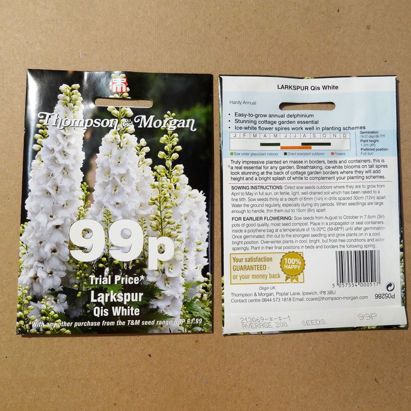 Exemple de spécimen de Graines de Delphinium Qis White - Pied d'alouette annuel Thompson & Morgan le sachet de +/- 300 graines environ (minimum 1g) tel que livré