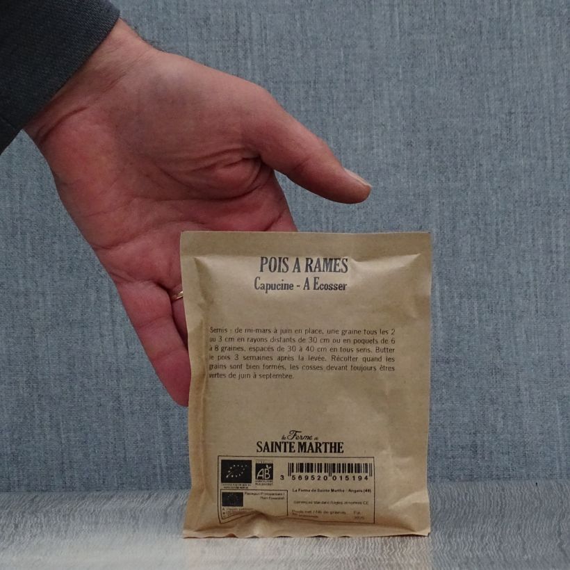 Exemple de spécimen de Pois à rames Blauwschokker Bio - Pois capucine - Ferme de Sainte Marthe le sachet de 150 graines environ (50g) tel que livré